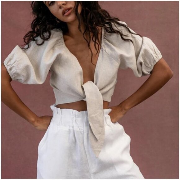 POSEE Mia 100% Linen Tie front women Top Size XS Plunge Puff Sleeve Lagenlook - Picture 5 of 9